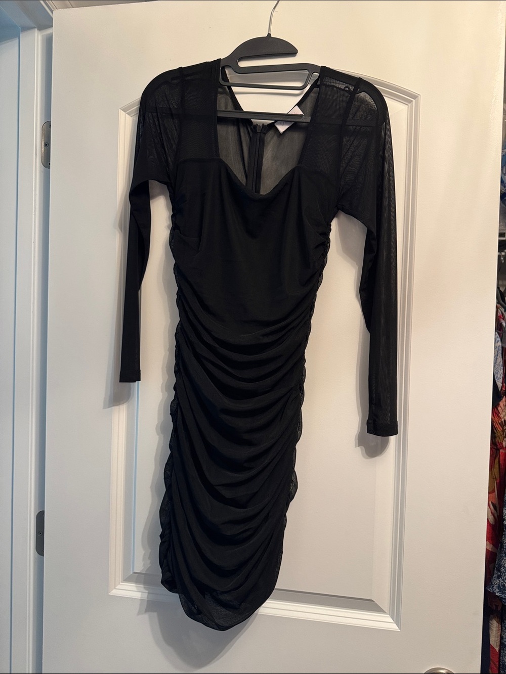 Pink Lily Black Ruched Long-Sleeve Mesh Detail Dress